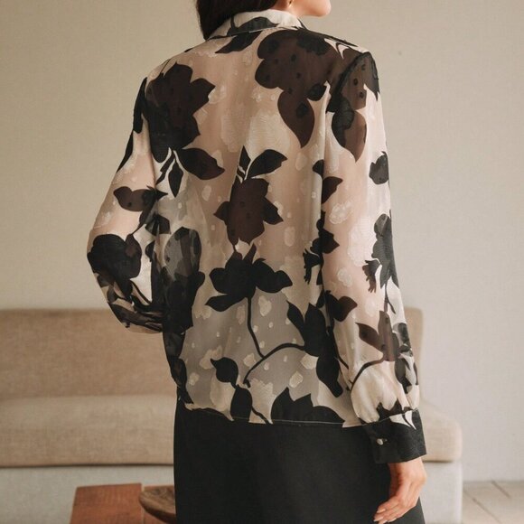 Black Casual Women's French Jacquard floral print Long Sleeved Shirt blouse - Picture 5 of 8